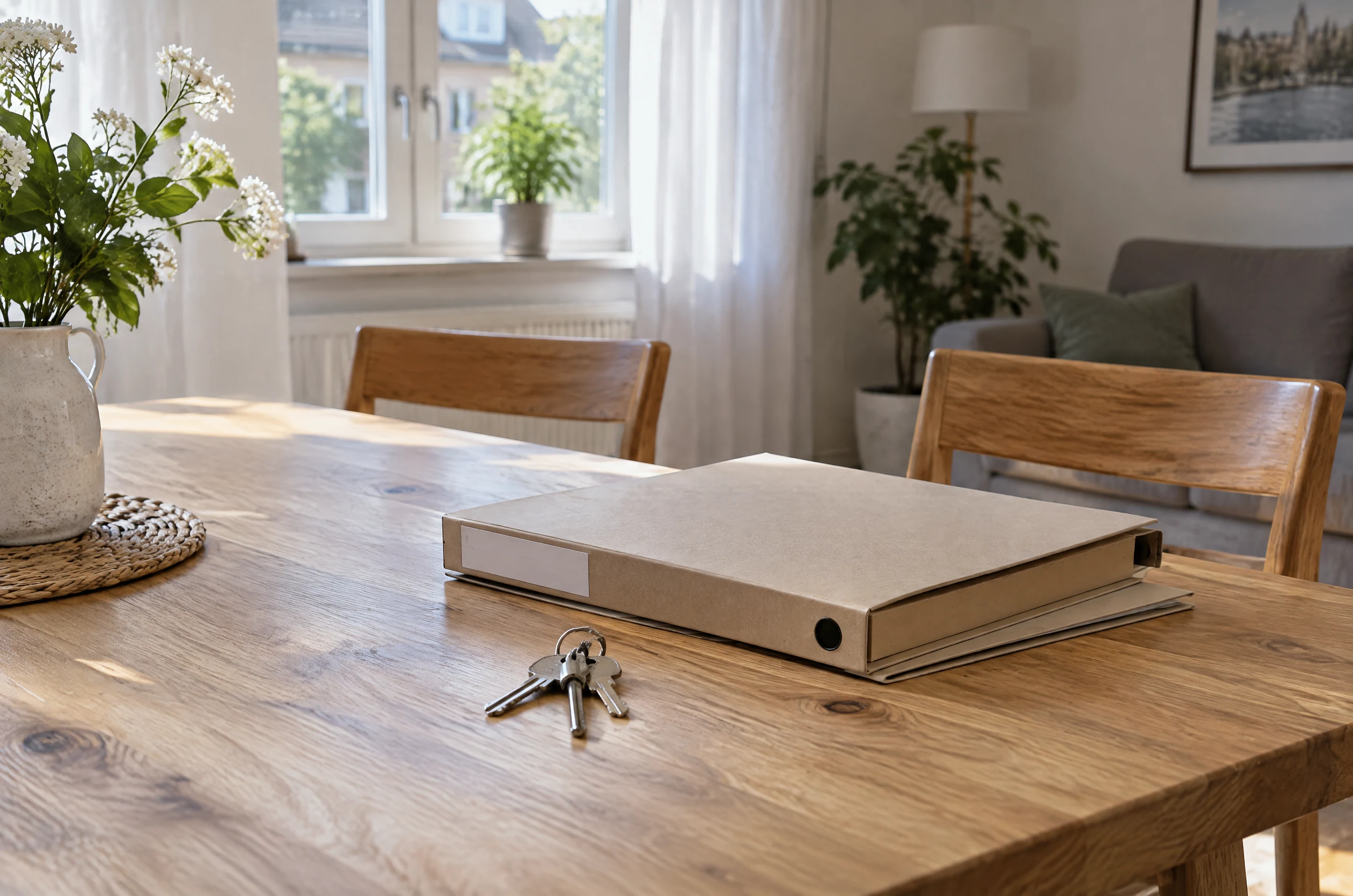 Geschlossene Dokumentenmappen und Hausschlüssel auf einem Holztisch als Symbol für eine vorbereitete Grundstücksentscheidung